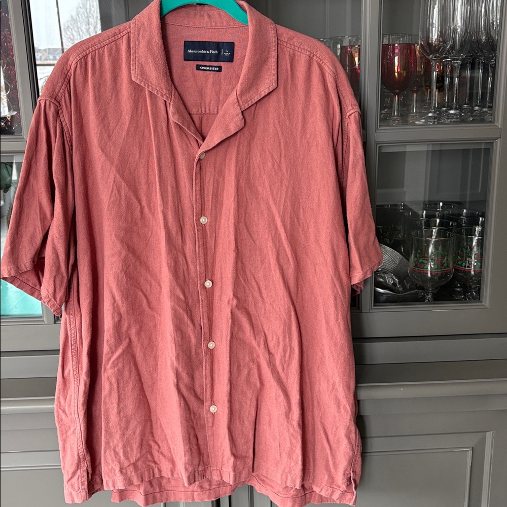 Abercrombie & Fitch - Oversized Linen Blend Camp Collar SS Shirt - Red